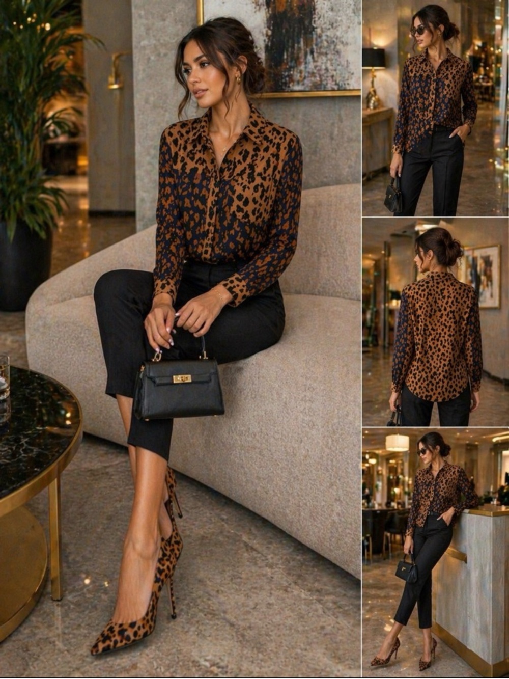 VENUS Leopard Print Blouse Size 10 Brown Black Button Up Long Sleeve Chic.